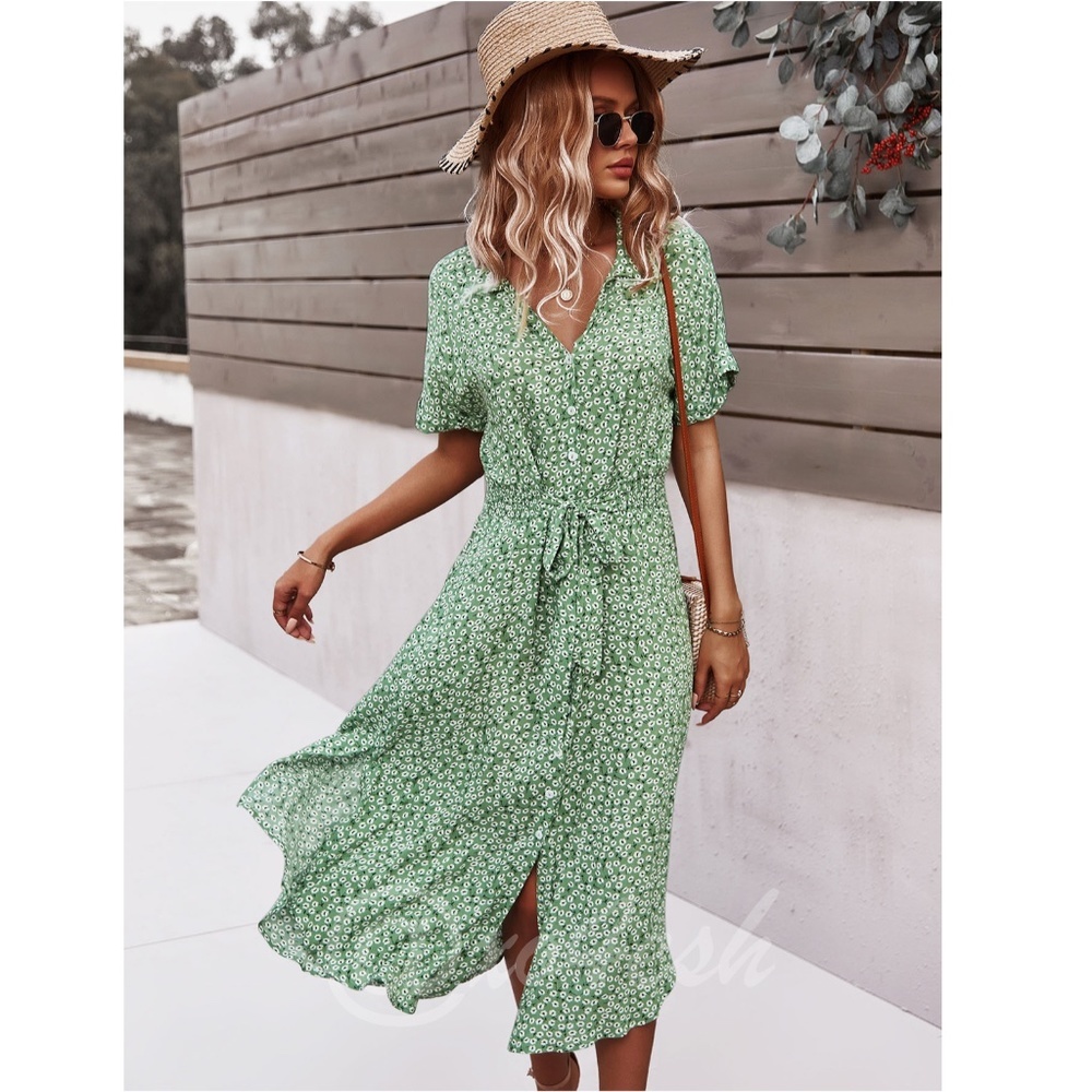 Green Floral Print Midi Dress Button Front V-Neck